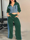 Women Spring Casual Denim Patchwork Zipper Long Sleeve Wide Leg Two-Piece Pants Set