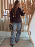 Women Jacquard Color Block Denim Pants