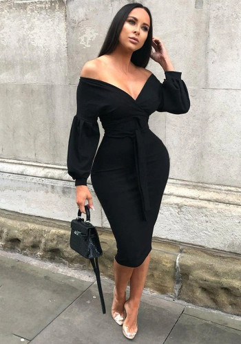 Women Chic Career Lantern Sleeve V-Neck Off Shoulder Bodycon Dress