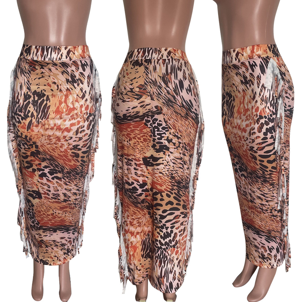 Leopard Print Tassel Long Skirt for Evening Outings