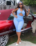 Women Fashion Polka Dot Lace-Up Halter Neck Low Back Jumpsuit
