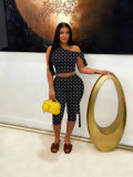 Women Fashion Slash Shoulder Lace-Up Polka Dot Two-Piece Shorts Set