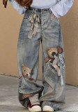 Women Bear Bow 3D Print Denim Pants