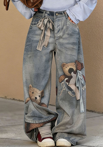 Women Bear Bow 3D Print Denim Pants