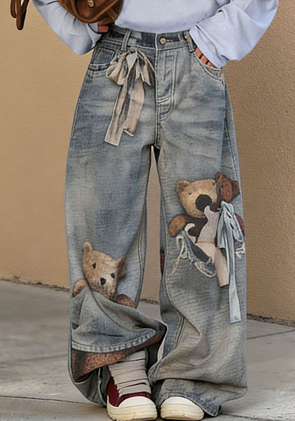Women Bear Bow 3D Print Denim Pants