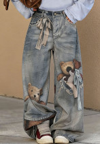 Women Bear Bow 3D Print Denim Pants Women Bear Bow 3D Print Denim Pants