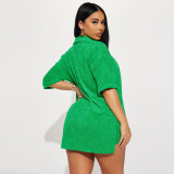 Women Spring Summer Jacquard Turndown Collar Shirt & Shorts Casual Two-Piece Set