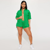 Women Spring Summer Jacquard Turndown Collar Shirt & Shorts Casual Two-Piece Set