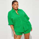 Women Spring Summer Jacquard Turndown Collar Shirt & Shorts Casual Two-Piece Set