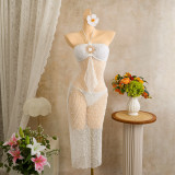 Women Holiday Sequin Strap Dress & Trunks Bikini Set