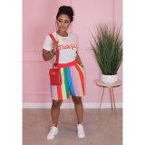 Women Casual Loose Rainbow Stripe T-Shirt & Shorts Set
