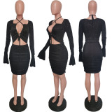 Autumn Winter Women Lace-Up Bell Sleeve Maxi Dress