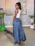 Women Casual Elastic Color Block Wide Leg Denim Pants