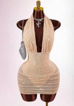 Women Chic Mesh Halter Neck Low Back Bodycon Dress