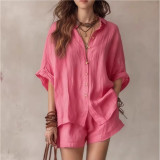 Women Spring Summer Solid Color Button Shirt & Shorts Casual Set
