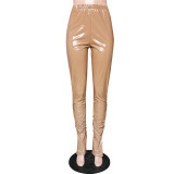 Women Sexy PU Leather Side Slit Ruched Pencil Pants