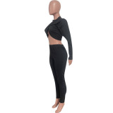 Autumn Winter Women Crop Top & Ruched Pants Two-Piece Set
