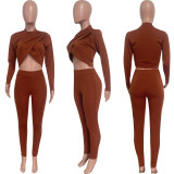 Autumn Winter Women Crop Top & Ruched Pants Two-Piece Set