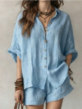 Women Spring Summer Solid Color Button Shirt & Shorts Casual Set