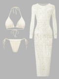 Women Summer Holiday Hollow Out Solid Color Three-Piece Bikini Set