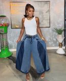 Women Casual Elastic Color Block Wide Leg Denim Pants