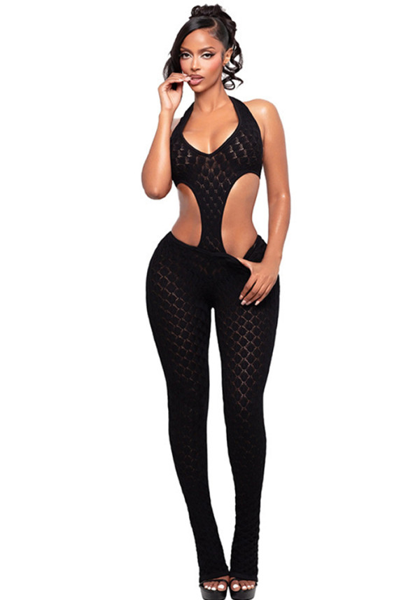 Women Sexy See-Through Knitting V-Neck Jumpsuit