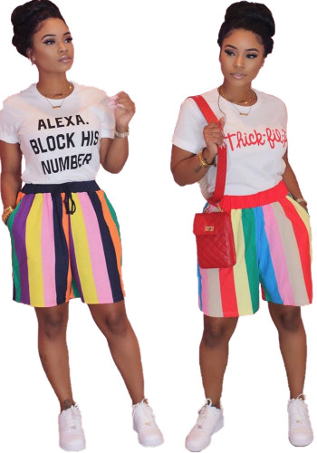 Women Casual Loose Rainbow Stripe T-Shirt & Shorts Set