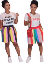 Women Casual Loose Rainbow Stripe T-Shirt & Shorts Set Women Casual Loose Rainbow Stripe T-Shirt & Shorts Set