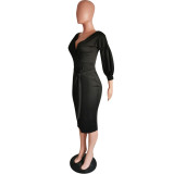 Women Chic Career Lantern Sleeve V-Neck Off Shoulder Bodycon Dress