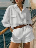 Women Spring Summer Linen Button Shirt & Shorts Casual Set