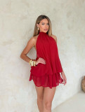 Women Holiday Slim Waist Halter Neck Low Back Dress
