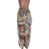 Women Leopard Print Tassel Long Skirt