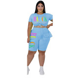 Women Summer Casual Letter Print Plus Size Two-Piece Shorts Set