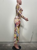 Women Long-Sleeved Ink Painting Mesh Beaded Sexy Dress