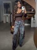 Women Jacquard Color Block Denim Pants