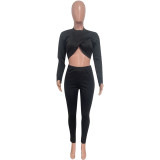 Autumn Winter Women Crop Top & Ruched Pants Two-Piece Set