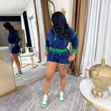Women Casual Half Zip Waist Long Sleeve Top & Shorts Two-Piece Set