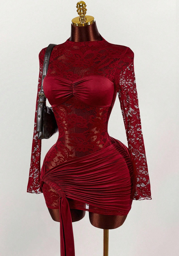 Women Chic Lace See-Through Patchwork Mini Dress