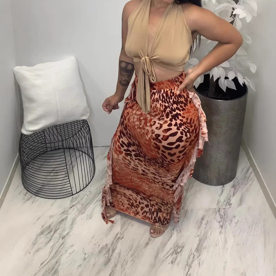 Leopard Print Tassel Long Skirt for Evening Outings