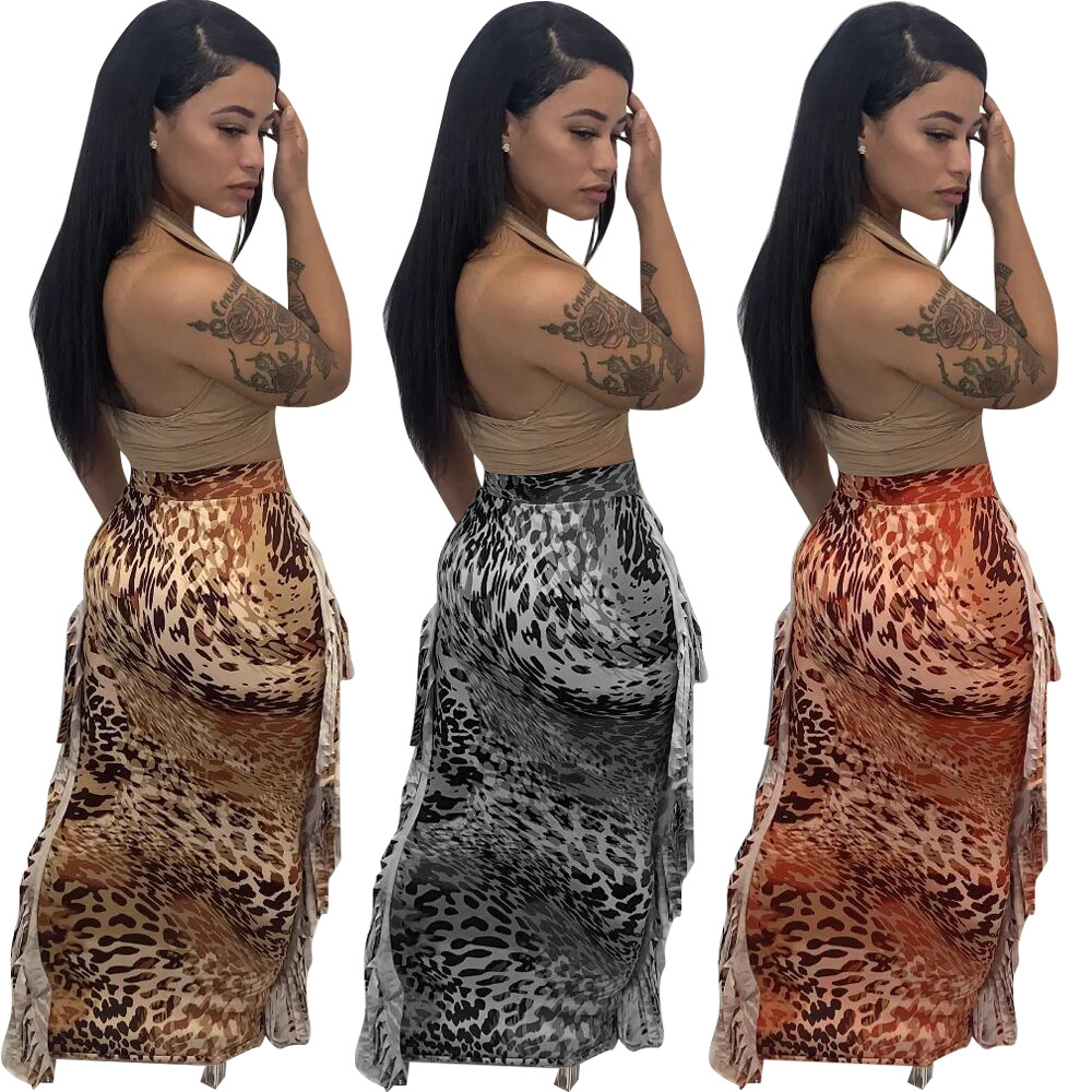 Leopard Print Tassel Long Skirt for Evening Outings