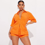 Women Spring Summer Jacquard Turndown Collar Shirt & Shorts Casual Two-Piece Set