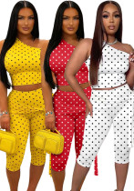 Women Fashion Slash Shoulder Lace-Up Polka Dot Two-Piece Shorts Set