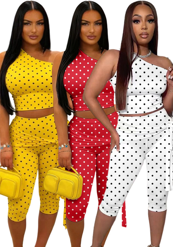 Women Fashion Slash Shoulder Lace-Up Polka Dot Two-Piece Shorts Set