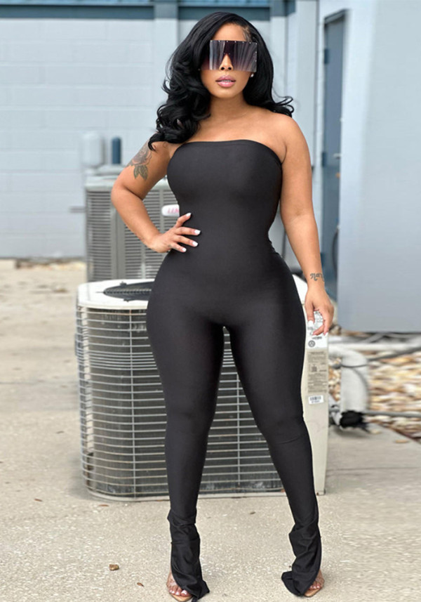 Women Spring Sexy Off-Shoulder Slit Bandeau Jumpsuit