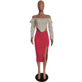 Women Career Off Shoulder Top & Slit Skirt Slim Fit Two-Piece Set