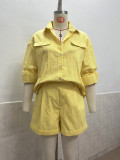 Women Spring Summer Linen Button Shirt & Shorts Casual Set