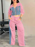 Women Spring Casual Denim Patchwork Zipper Long Sleeve Wide Leg Two-Piece Pants Set