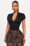 Women Lace Patchwork V-Neck Short Sleeve Top