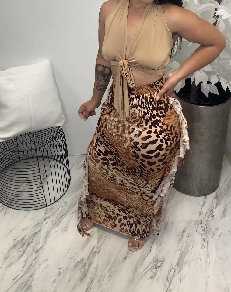 Leopard Print Tassel Long Skirt for Evening Outings