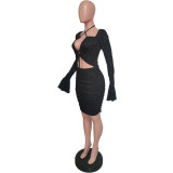 Autumn Winter Women Lace-Up Bell Sleeve Maxi Dress